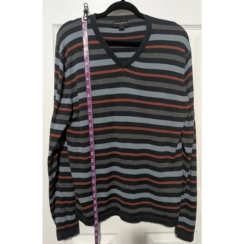 Banana Republic Men's V Neck Striped Sweater Gray Blue Rust Orange Size Medium